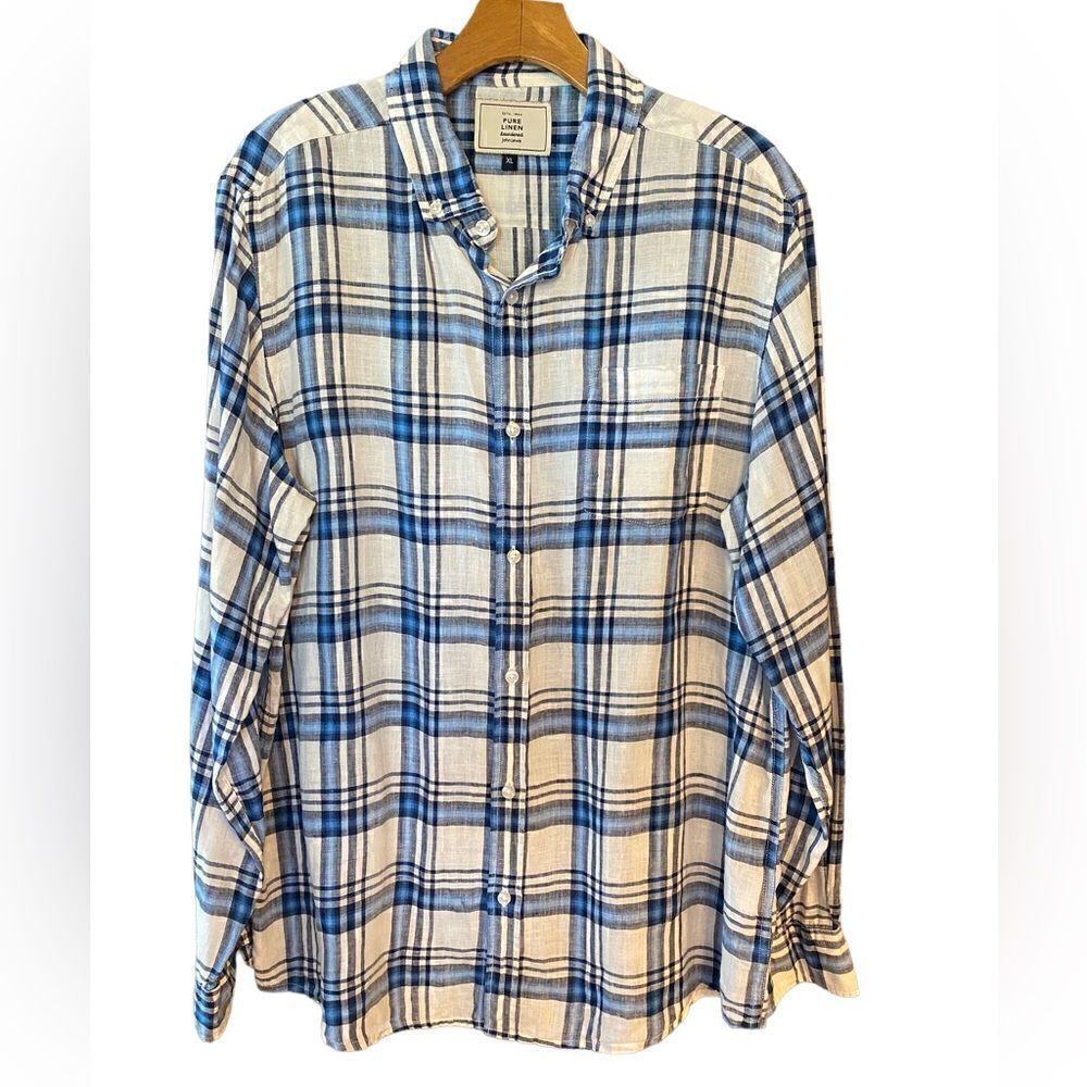 John Lewis Sz XL Blue Plaid 100% Linen Luxury Casual Long Sleeve Collar Shirt